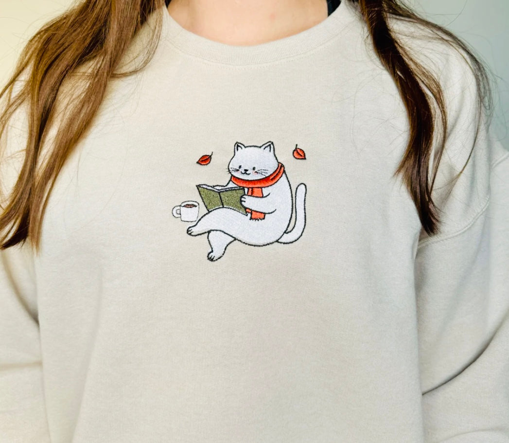 Embroidered Crewneck - Reading Kitty